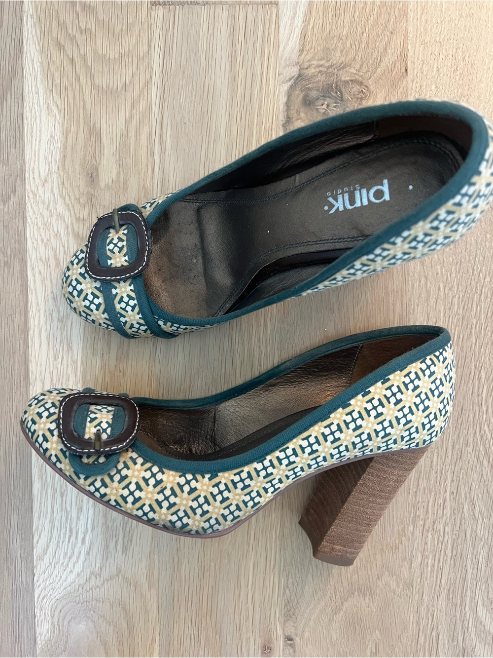 Teal & Cream Patterned Block Heel Pumps